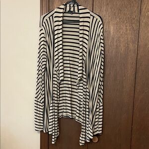 RXB Black and Beige Striped Asymmetrical Open Front Cardigan Style Top
